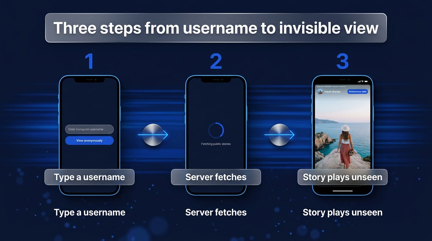 Three-step anonymous viewing flow from username to invisible view