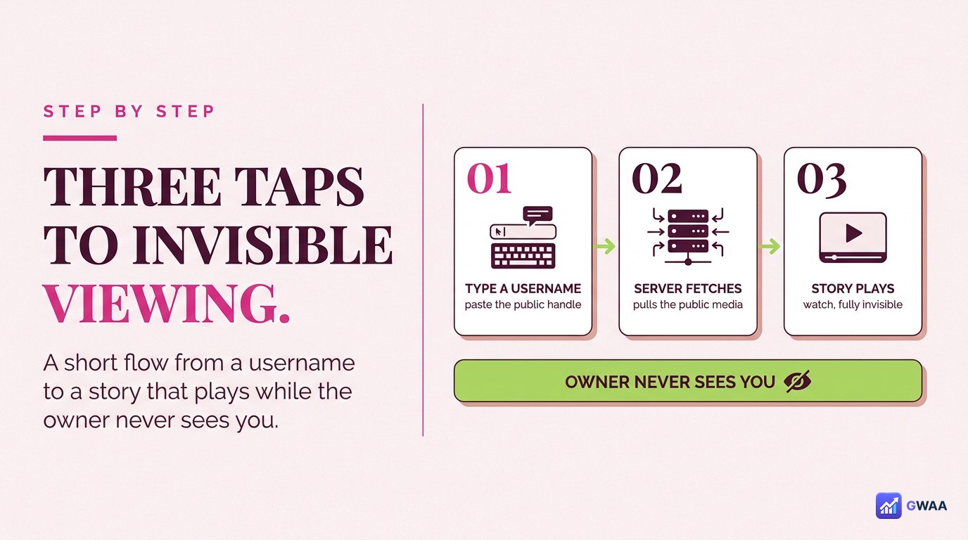 Three-step anonymous viewing flow from username to invisible view