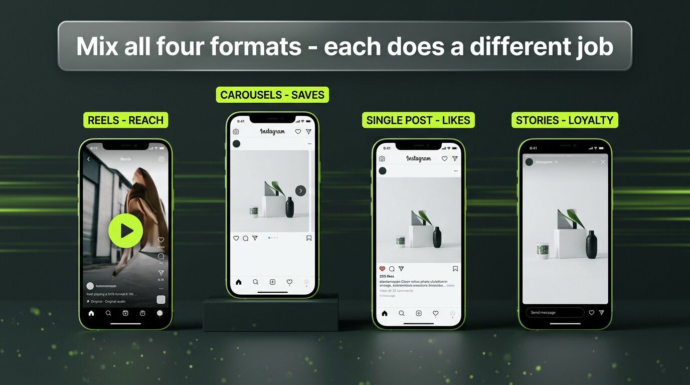 Four Instagram content formats - reels carousels posts stories
