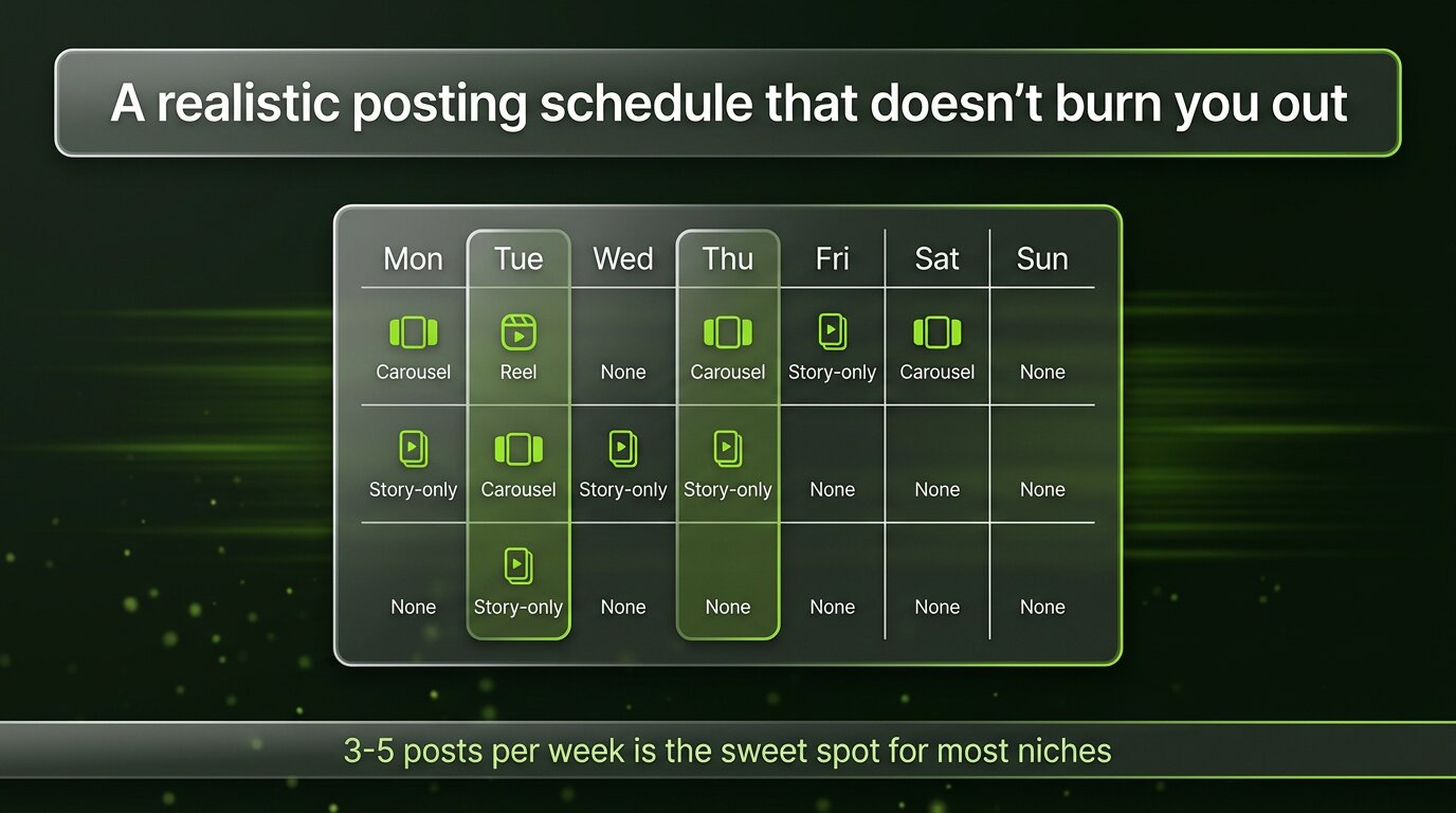 Realistic weekly Instagram posting schedule mixing all formats
