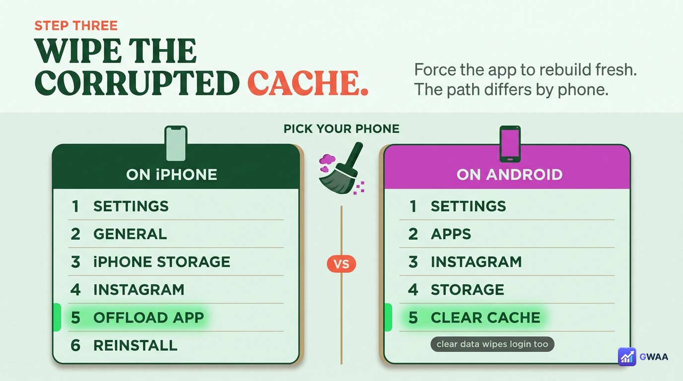 Clear Instagram cache via iPhone storage or Android app info