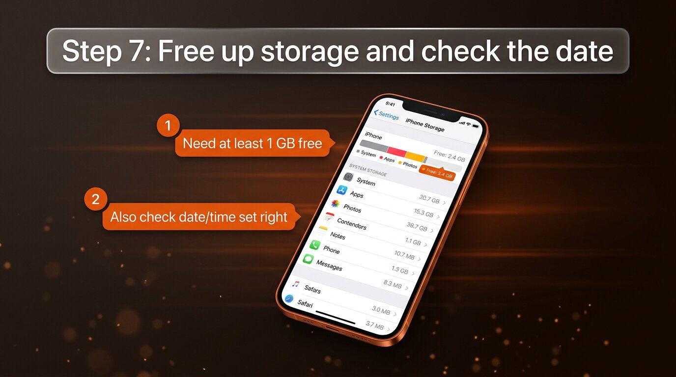 Free up phone storage and verify date settings