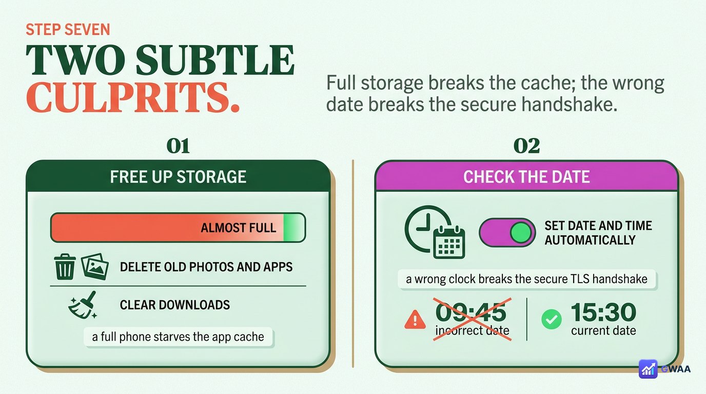 Free up phone storage and verify date settings