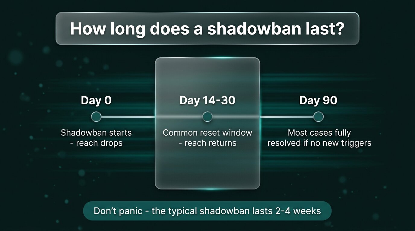 Shadowban duration timeline - typical 2 to 4 weeks